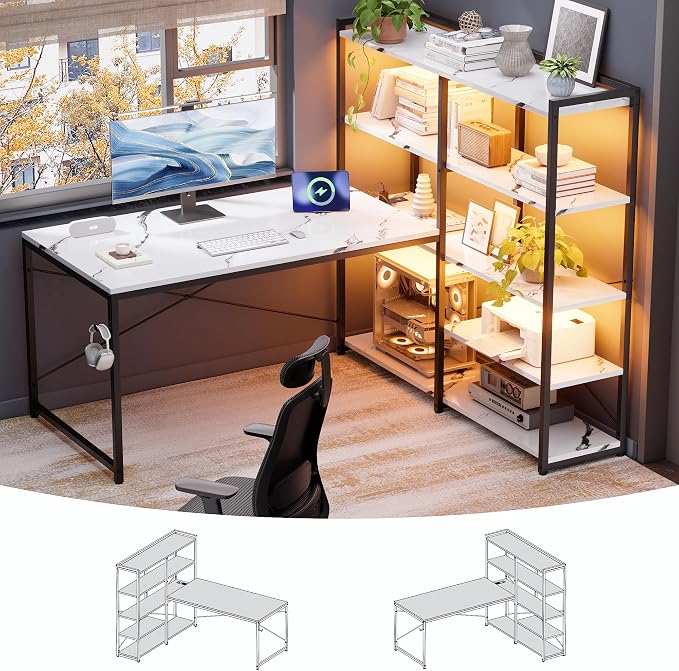 Pamray 49 Inch L Shaped Gaming Computer Desk with Shelves and Storage | Compact Reversible Design with LED Lights & Power Outlets, Suitable for Home Office Bedroom Small Spaces and Dorm Study Work