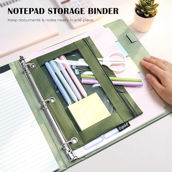 Ospelelf Leather 3 Ring Binder for Letter Size Documents with Pocketed Dividers, 1 Inch Round Rings, Holds 175 Sheets, Binders with Storage Bag & Notepad, for Office School Home Organization, Green