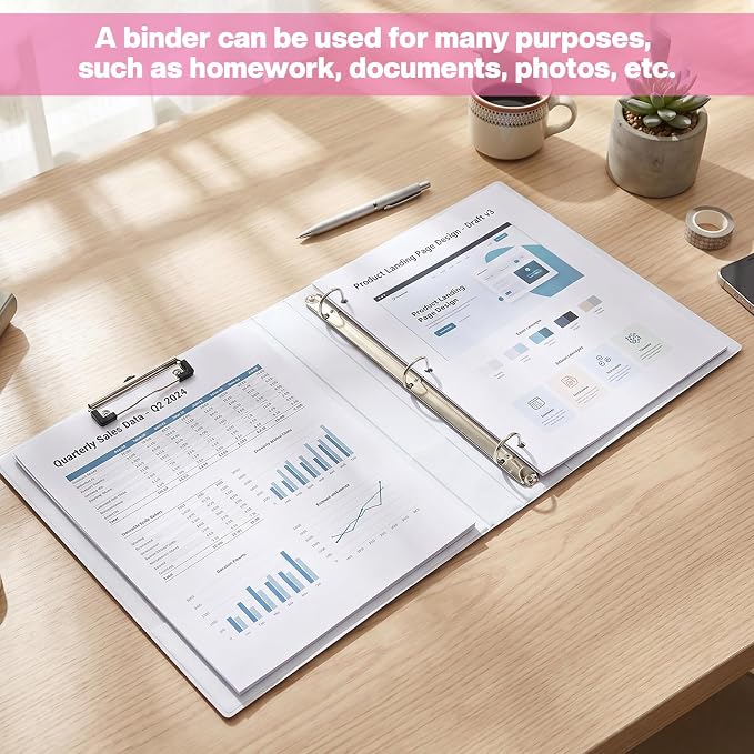 Colarr Pink Stripe 3 Ring Binder 1 Inch with Clipboard Interior Pockets, Cute Preppy Round Ring Binder for Office Supplies & File Folder Organization