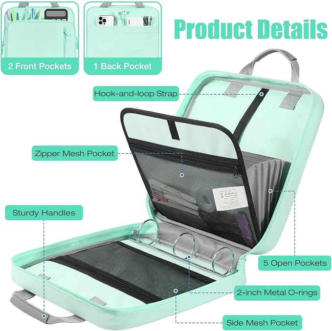 MoKo Zipper Binder, 2 Inch 3 O Ring, 5 Tab File Folders, 500 Sheets, Green | Water-repellent 900D Oxford with five file pockets, two mesh pockets, a handle and padded shoulder strap.