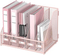 DALTACK 5-Slot Magazine File Holder, Metal Binder Holder, Pink | Iron Mesh Construction, Labeled Sections for Easy Sorting, Anti-Slip Feet, Binder and Folder Storage for Office, Classroom