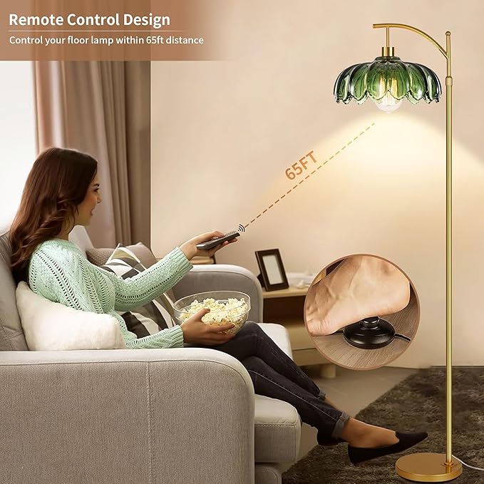 Gold Floor Lamps for Living Room,Glass Floor Lamp with Remote Control & Green Lampshade,Arc Flower Lamp Dimmable Mid Century Modern Standing Lamp Vintage Brass Tall Floor Lamp For Bedroom Corner