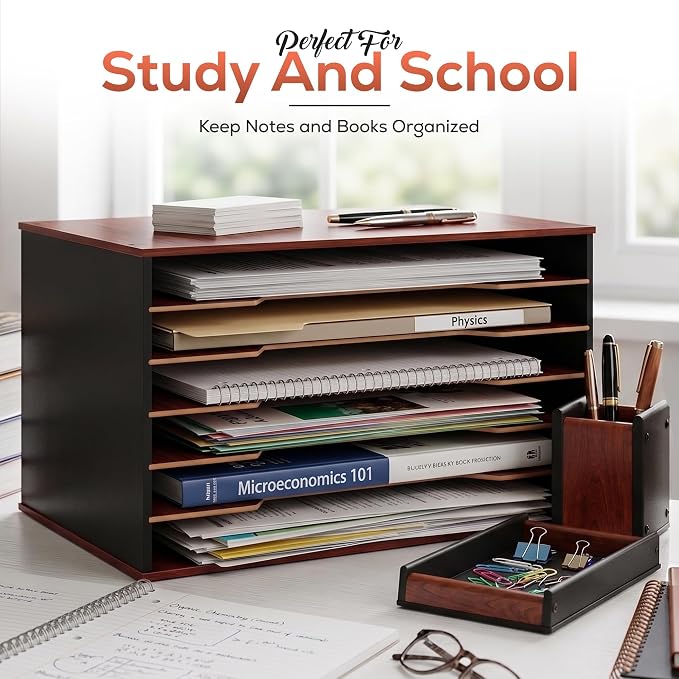 Wooden Paper Organizer 20.25"W x 12.25"H x 13.25"D, 6-Tier Storage for 12"x18" & 11"x17" Sheets, Includes Matching Pen Holder & Tray, Ideal for Office, Home, Art Room and Classroom