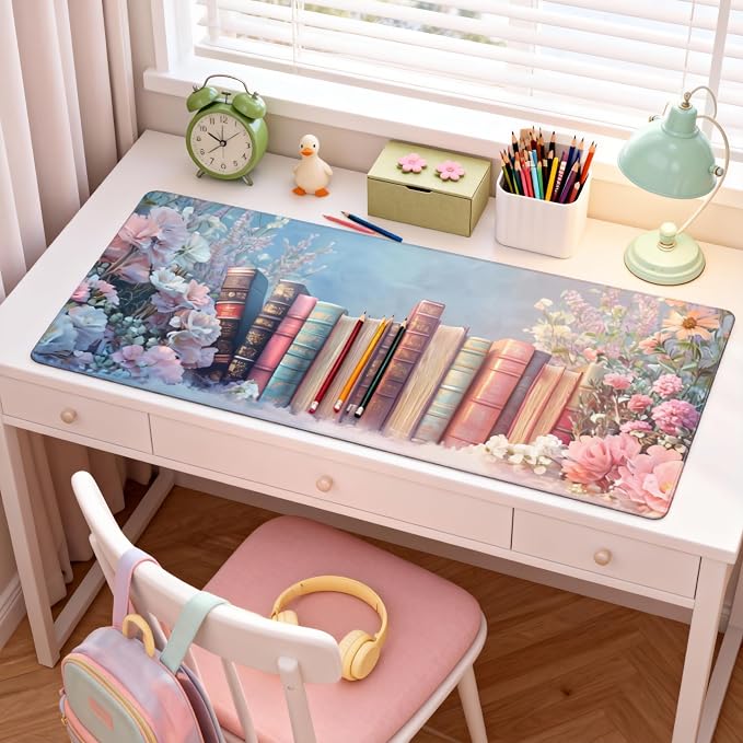 Cute Floral Aesthetic Book Gaming Mouse Pad, Blue Pink Dreamy Desk Mat with Anti-Slip Base & Stitched Edges, Office Supplies & Desk Decor for Women, 35.4" x 15.7" in Home Office Essentials