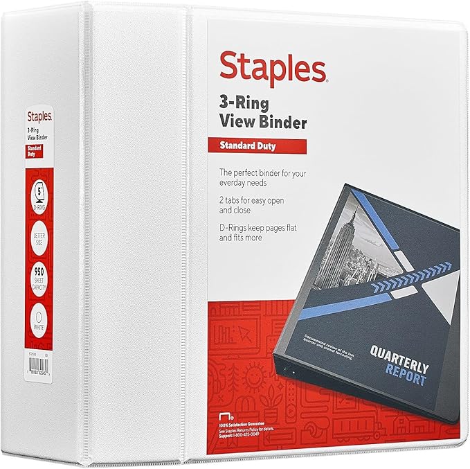 Staples 5" 3-Ring View Binder, D-Ring, White (55416/26360)