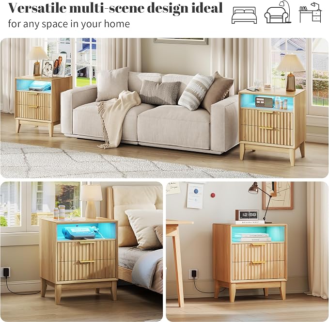 20“ W Fluted LED Nightstand with Charging Station, RFID Lock, Wood | Bedside Table with Hidden Drawer, 2 Drawers, Open Cubby, Motion Sensor, USB and Type-C Ports, Night Stand for Bedroom