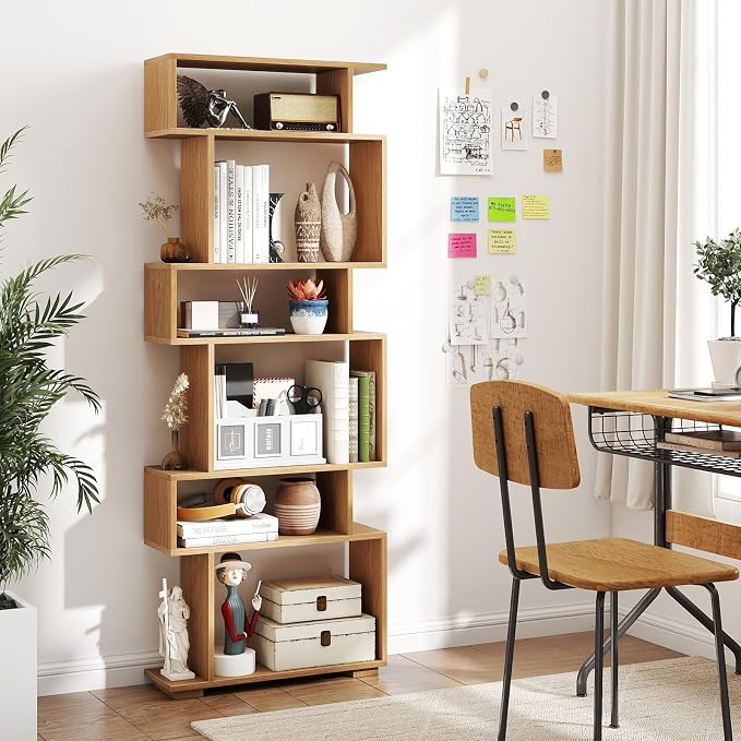 Tangkula 6-Tier S-Shaped Bookshelf, 64" Freestanding Geometric Bookcase, Home Office Wood Storage Shelf with Anti-Toppling Device, Room Divider Display Rack for Study, Living Room (2, Natural)
