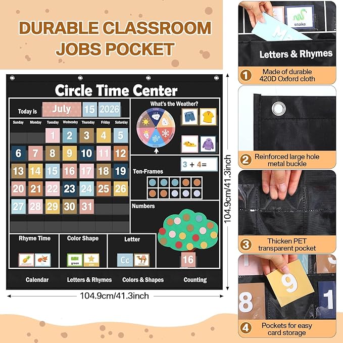 Pasimy 284 Pcs Circle Time Learning Center Classroom Pocket Chart Boho Circle Time Calendar Learning Math Calendar Weather Color Shape for Home Classroom Decoration Back to School Supplies