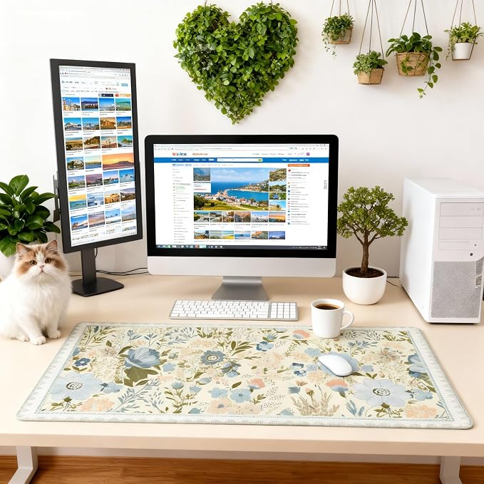Sage Green Floral XXL Desk Pad, Extra Large Mouse Pad with Anti-Slip Base & Stitched Edges, Desk Mat for Keyboard and Mouse, Aesthetic Office Decor & Desk Accessories for Women, Home & Office
