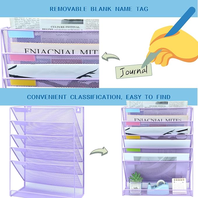5 Pockets Mesh Wall File Holder Organizer with Bottom Flat Tray, Office Hanging File Folder Magazine Rack, Nametag Label Hooks Set Included, Purple