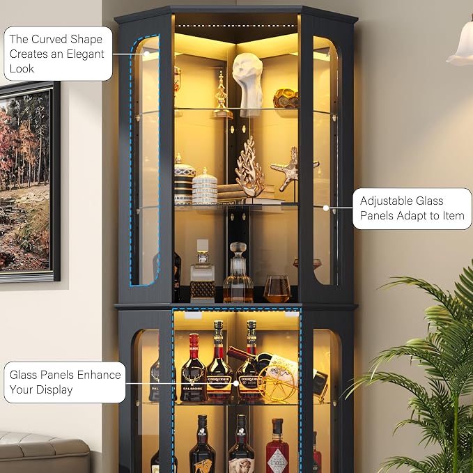 kepptory 72" Tall Corner Display Cabinet with Glass Doors，Black | 6-Tier Glass Display Cabinet, Adjustable Glass Shelves, LED Lights, Curio Display Case for Collectibles