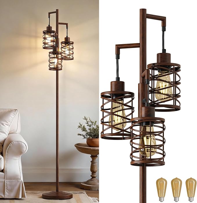 70" Industrial Floor Lamp, Stepless Dimmable Standing Lamp with 3 Bulbs, Farmhouse Corner Standing Tree Lamp for Living Room, Tall Lamps for Bedroom, Office, Study Room, Dining Room