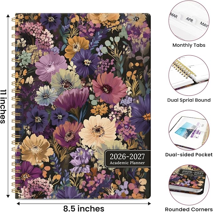 Planner 2026-2027, Academic Year Monthly & Weekly Planner Caledndar, July 2026 - June 2027, Hardcover Large Planning Agenda Book with Tabs for School Office Supplies, 8.5" x 11" - Midnight Bloom