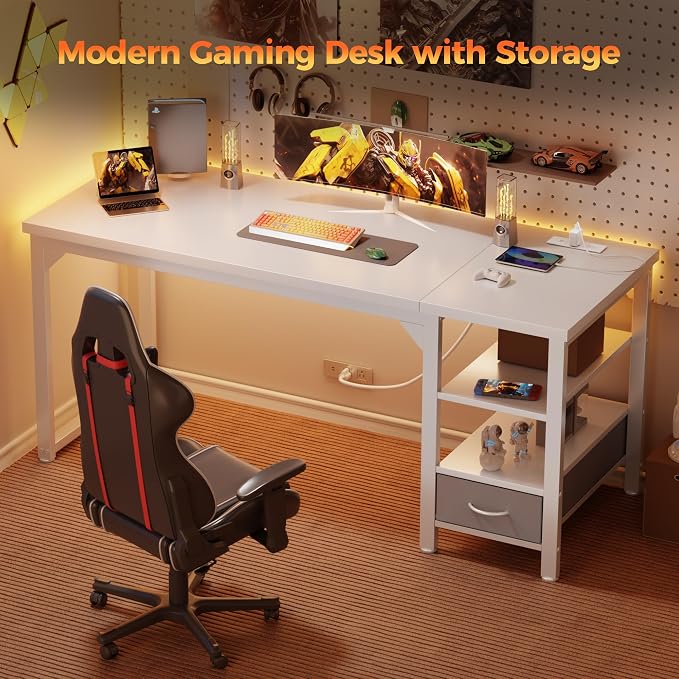 48" Computer Desk with Drawer, 1.2" Thick Reversible Office Desk | Modern Writing Table with Power Outlets & Storage Shelves, Heavy Duty Industrial Study Desk for Home Bedroom Work