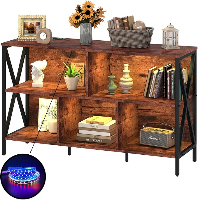 Adompacat 47" 5 Cube LED Bookshelf, Industrial Horizontal Storage Organizer, Wood Metal Low Wide Cubby Bookcase with LED Lights, Open Shelf for Living Room Bedroom Game Room(47 in, Brown)