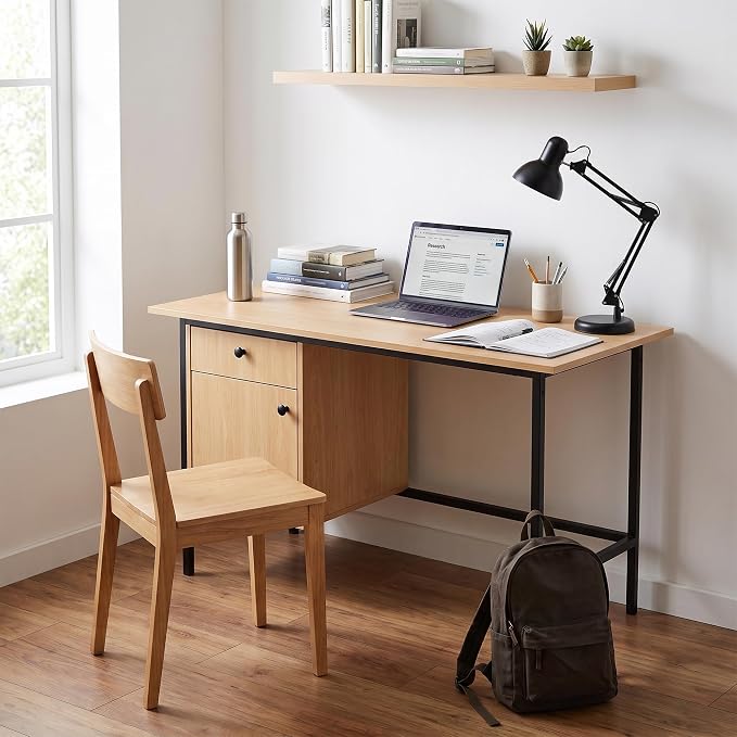 Garvee 47" Home Office Computer Desk with Drawer and Cabinet Storage | Simple Modern Desk for Bedroom, Home Office, Study, Writing, Study Table with Cabinet, Natural Oak+Black