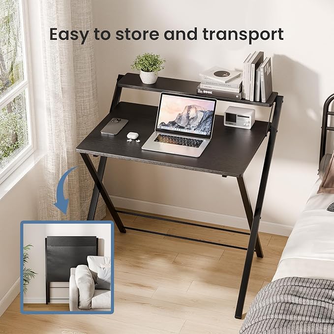 DUMOS Folding Desk with Shelf, No Assembly Computer Desk, Small Space Black | Foldable Desk with Shelf Saves Space for Bedroom, Office and Dorm Use