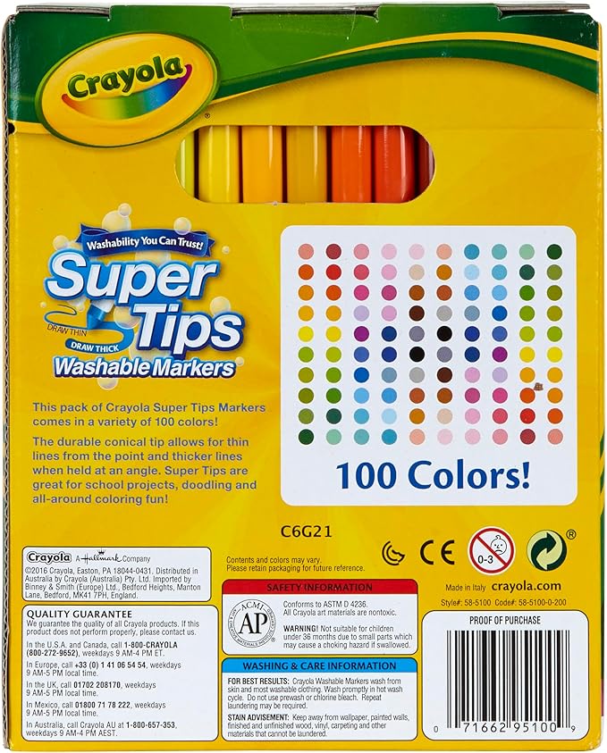 Crayola Super Tips Marker Set (100ct), Fine Point Washable Markers, Teacher Must Haves, Back to School Supplies for Kids & Adults, Art Supplies, Ages 3+