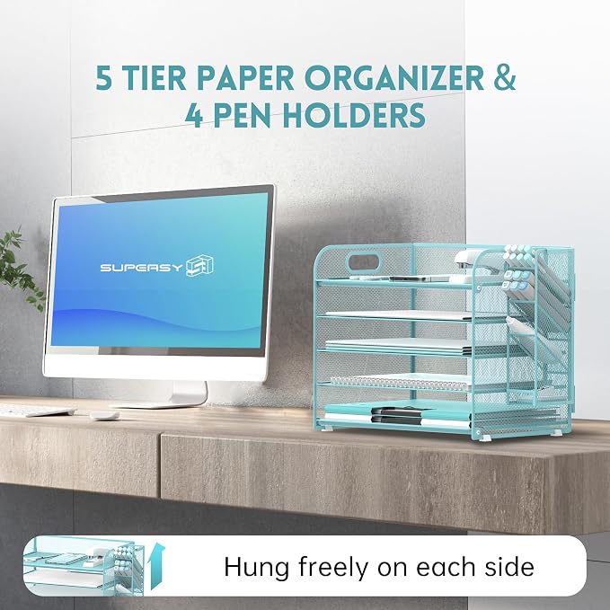 5-Tier Paper Organizer for Desk with Pen Holders, Letter Trays, Blue | Metal Mesh Desktop File Organizer with Removable Trays and 2 Handles for Paper, Files, Mail, Folders in Office Home or School