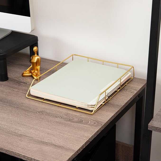 Mind Reader Gold Geometric Paper Tray, Modern Organizer for Documents, Folders, and Office Supplies, Durable and Stylish, Metal, Gold
