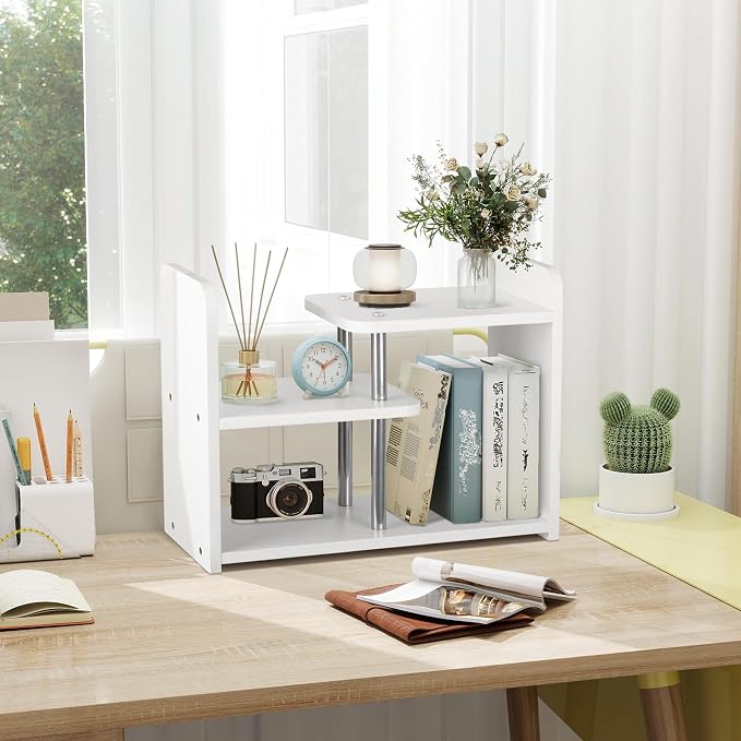Desktop Organizer,Office Storage Rack,Wood Small Bookshelf,White | Display Shelf,Office Shelf,Desk Organizer Small Tabletop Hutch for Office,Dorm,Living Room,Counter Top
