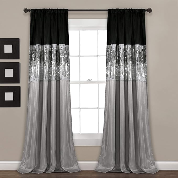 Lush Decor Night Sky Window Curtain Panel, Single, 42" W x 95" L, Black & Gray - Sequin Curtains - Sparkle & Color Block Design - Modern Glam Decor - Long Curtains For Bedroom & Living Room