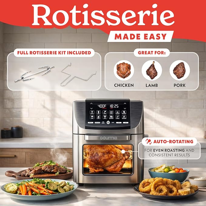 Gourmia Air Fryer - 14 Qt All-in-One Rotisserie Oven with Digital Display, 12 Presets, Roast, Bake, Broil, Dehydrate, Dishwasher Safe Accessories, Stainless Steel