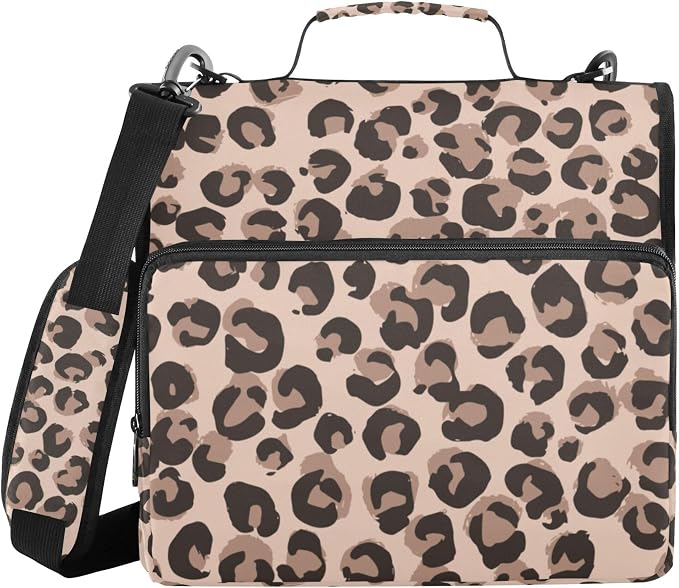 Fisyme Leopard Cheetah Print Zipper Binder 3 Ring with Zipper and Shoulder Strap Large Capacity Multi-Pocket Zipper Binder Organizer