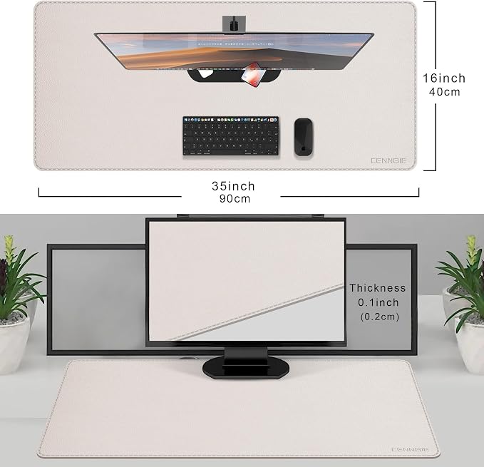 CENNBIE 35.5" x 16" Leather Desk Mat,Computer Mouse Pad for Office(Cream) | Premium Stitched Edges Resist Wear. Waterproof, Non-Slip & Easy To Clean. Protects Desk From Scratches. For Office & Home.