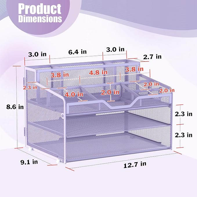Docnest 3 Tier Mesh Desk Organizer with Letter Tray & Paper Sorter, Purple | Features 3 built-in pen holders & 5 adjustable compartments on top. Includes 4 non-slip rubber feet for desk protection