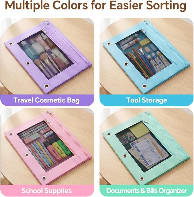 Lanpn 6 Pcs Pencil Pouch for 3 Ring Binder, 2 Pocket Zipper Binder Pouch, Pastel Binders Pencil Case, School Supplies for Boy Girl Student Office Home, Reinforced Grommets, Clear Window, Micro Mesh
