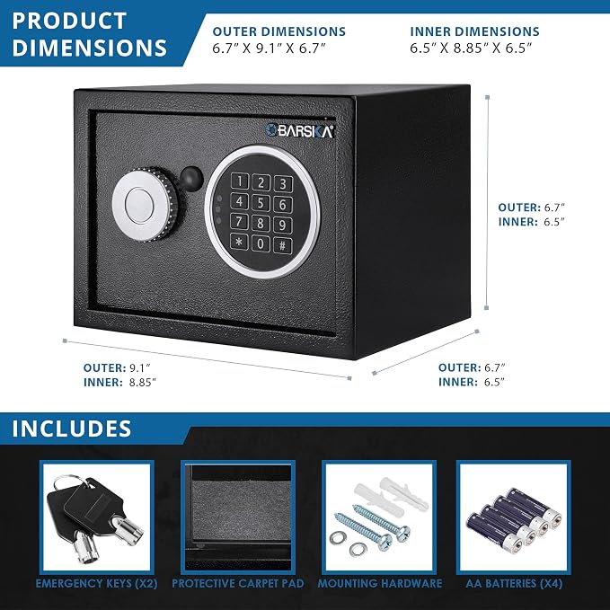 Barska Digital Keypad Home & Office Steel Security Safe Lock Box with Deadbolts - 0.22 Cu Ft Compact - Safe Box