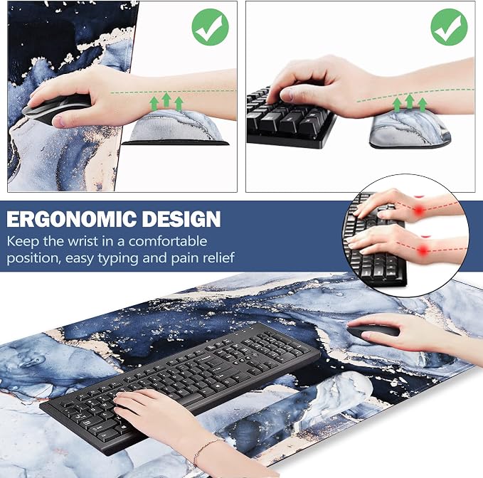 Large Gaming Mouse Pad, Keyboard Wrist Rest Pad & Wrist Support Mousepad Set, Stitched Edge, Extended, Non-Slip Base, Memory Foam,Multifunctional Desk Mat 4pcs for Office & Home, Gilt Marble