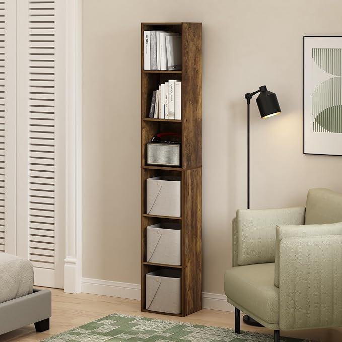 Furinno LUDER Book Shelf, 6-Tier Tall Modern Bookshelf, Bookcase with Open Shelves, 9.3 x 12 x 71, for Living Room, Bedroom, Home Office, Amber Pine