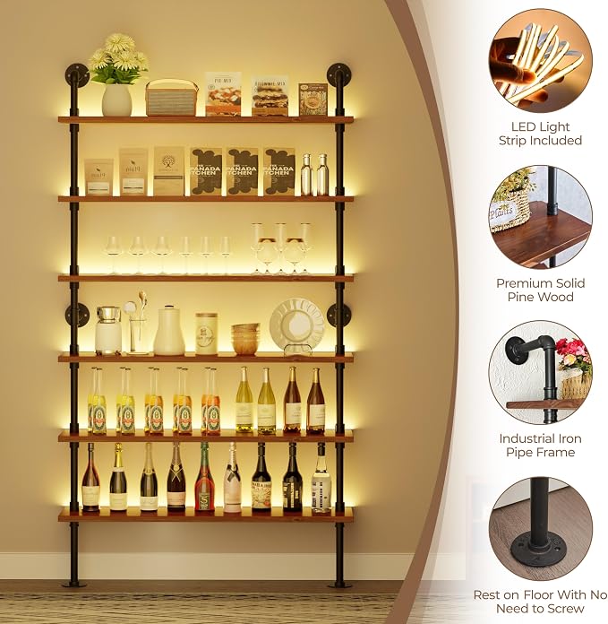 6-Tier LED Ladder Shelf, Wall Mounted Pipe Bookshelf, Walnut Brown 48 Inch | Solid pine 6-tier wall mounted pipe bookshelf with warm LED lights, 50 lb shelves, for books, plants and decor