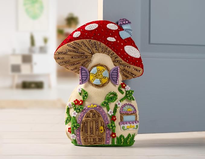 Bucilla Felt Applique Door Stop Kit, Mushroom Manor, Perfect for DIY Arts and Crafts, 89733E