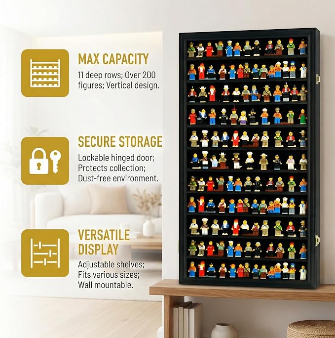 DisplayGifts Building Block Toy Minifigures Miniatures Thimble Display Case Wall Cabinet Standing Plates Included, 2.25" Shelf Height UV Protection Door Black Finish Frame