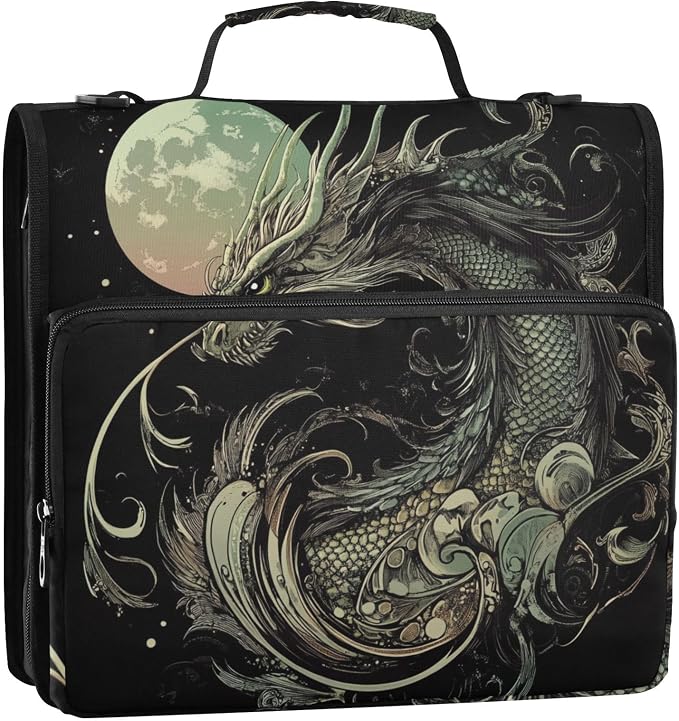 ALAZA Dragon and Moon Zipper Binder 1.5 inch 3 Ring Binder Organizer with Shoulder Strap and Handle for Home Office Work