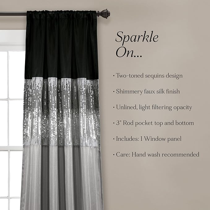Lush Decor Night Sky Window Curtain Panel, Single, 42" W x 108" L, Black & Gray - Sequin Curtains - Sparkle & Color Block Design - Modern Glam Decor - Extra Long Curtains For Bedroom & Living Room