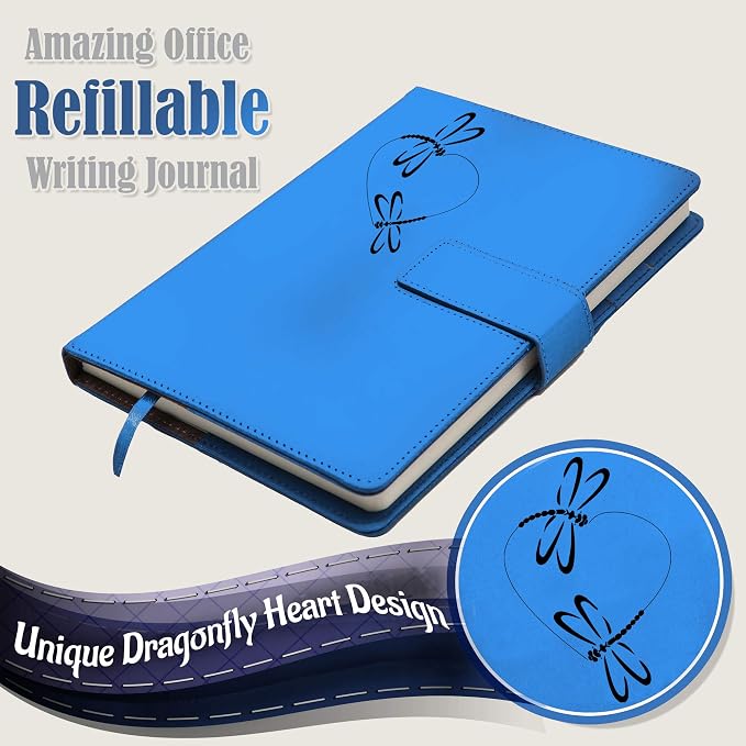 The Amazing Office Dragonfly Heart Refillable Journal, Light Blue Faux Leather, 200 Lined Pages, 5.75x8.5 Inch Notebook with Magnetic Clasp and Pen Holder, Writing Diary for Women and Men