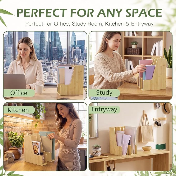 Novabright 2 Pack Bamboo Vertical Magazine File Holder, Desk Holder ＆ Storage Bins Holding for Magazines, Binders, Notebooks, Envelopes, Folders, Multi-purpose Wood Document Organizer for Home Office