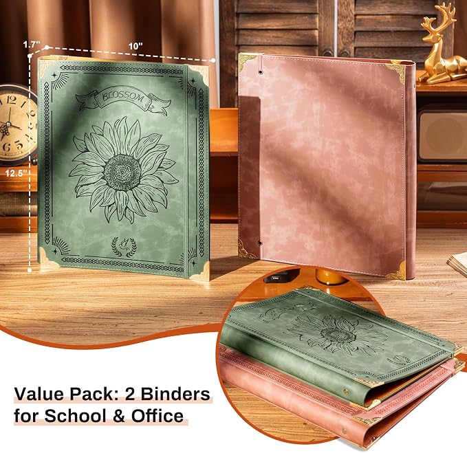 OVESMUSL 2 Pack PU Sunflower Leather 3 Ring Binder, 1 Inch Green Pink | Fits 8.5x11 letter paper, holds 200 sheets, sunflower design, loose leaf organizer