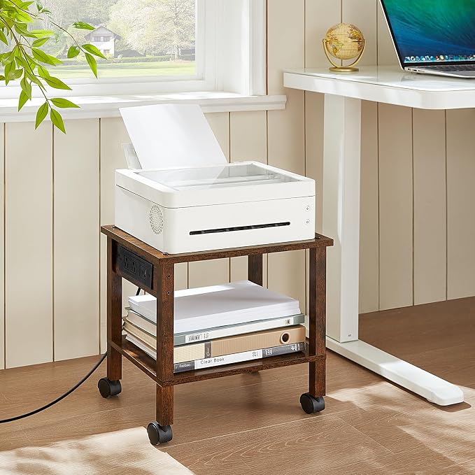 YUFAM 2 Tier Under Desk Printer Stand with Charging Station, Brown | Wooden Small Printer Table for Home Office, Rolling Printer Cart Shelf with Lockable Wheels