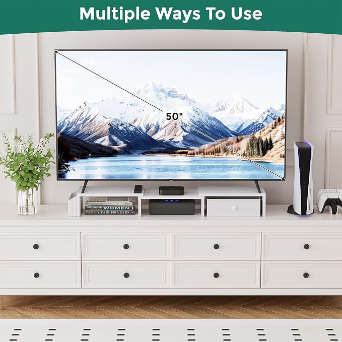 Dual Monitor Stand Riser, Adjustable Length & Swivel Angle Monitor Stand, Ergonomic Monitor Stand with Drawer & Side Pockets, Desktop Organizer and Office Desk Accessories, White