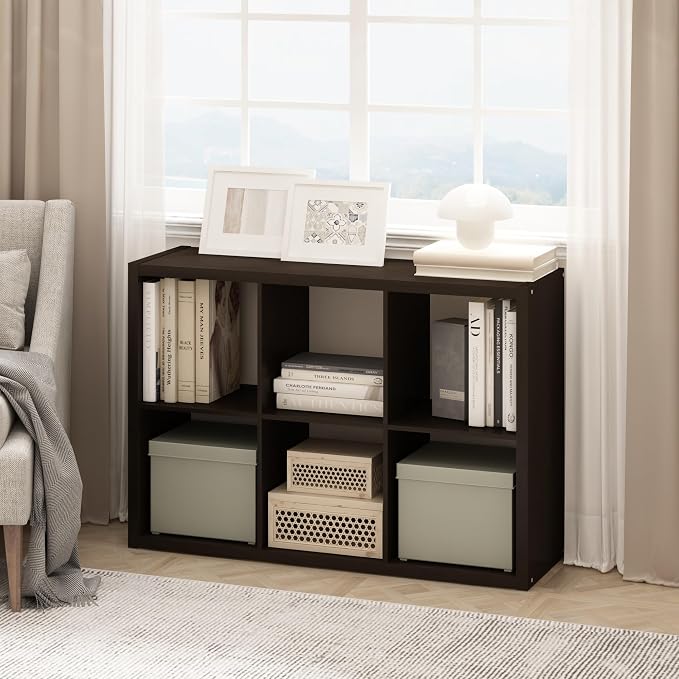 Furinno Cubicle Book Shelf, 6-Cube Bookshelf, Extra Thick Frame Horizontally & Vertically Reversible Bookcase with Open Back, 14.6 x 43.8 x 30, for Living Room, Bedroom, Home Office, Black Oak