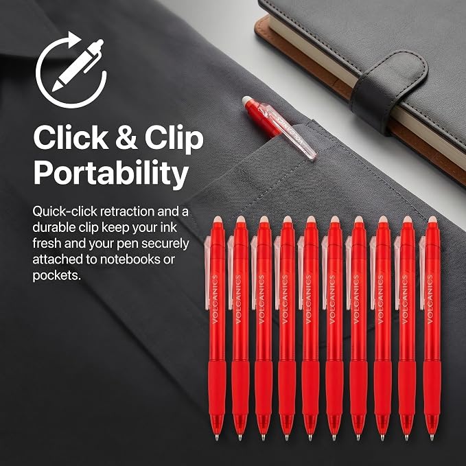 Volcanics Erasable Gel Pens Red Ink, 0.7MM,36 Pack Retractable Clicker Gel Ink Pen, Fine Point Smooth Writing for Office Work Journaling