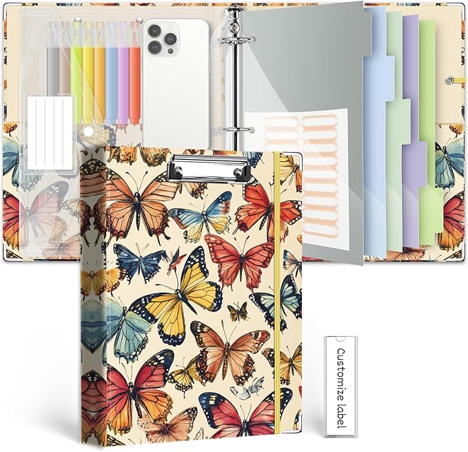 3 Ring Binder 1 Inch,BVSSX Three Ring Binders Organizer with Clipboard, 5-Tabs Pockets Dividers, Plastic Folder, 18 Divider Stikers,Pen Loop (Butterfly, Letter Size)