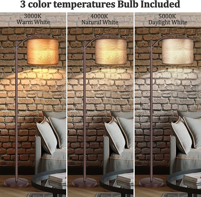 Floor Lamp for Living Room, LED Standing Lamp Tall Industrial Floor Lamp Reading for Bedroom, Office (9W LED Bulb, Wood Grain Lampshade Included) - Oil-Rubbed Bronze