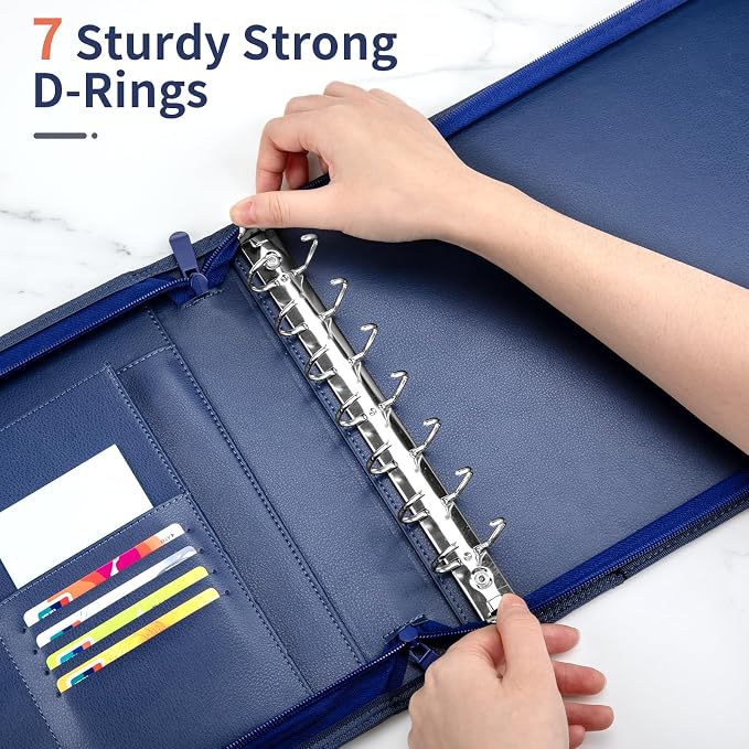 Smarpau 7 Ring PU Leather Check Binder with Zipper Pouch, Holds 600 Checks, Executive Size for 9 13 Inch Sheets, Blue
