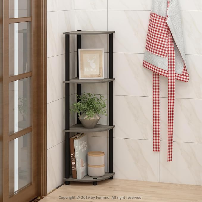 Furinno TURN-N-TUBE Corner Shelf, 4-Tier Corner Bookshelf, Display Storage Shelves with Open Shelves, for Organization and Storage, Living Room, Home Office, Garage, French Oak